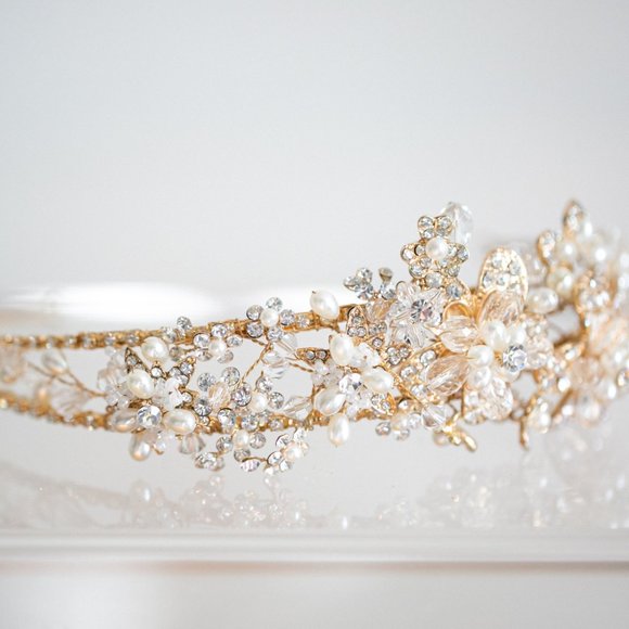 Wedding Headband Crystal Pearl Antique Gold Bride - Picture 9 of 11
